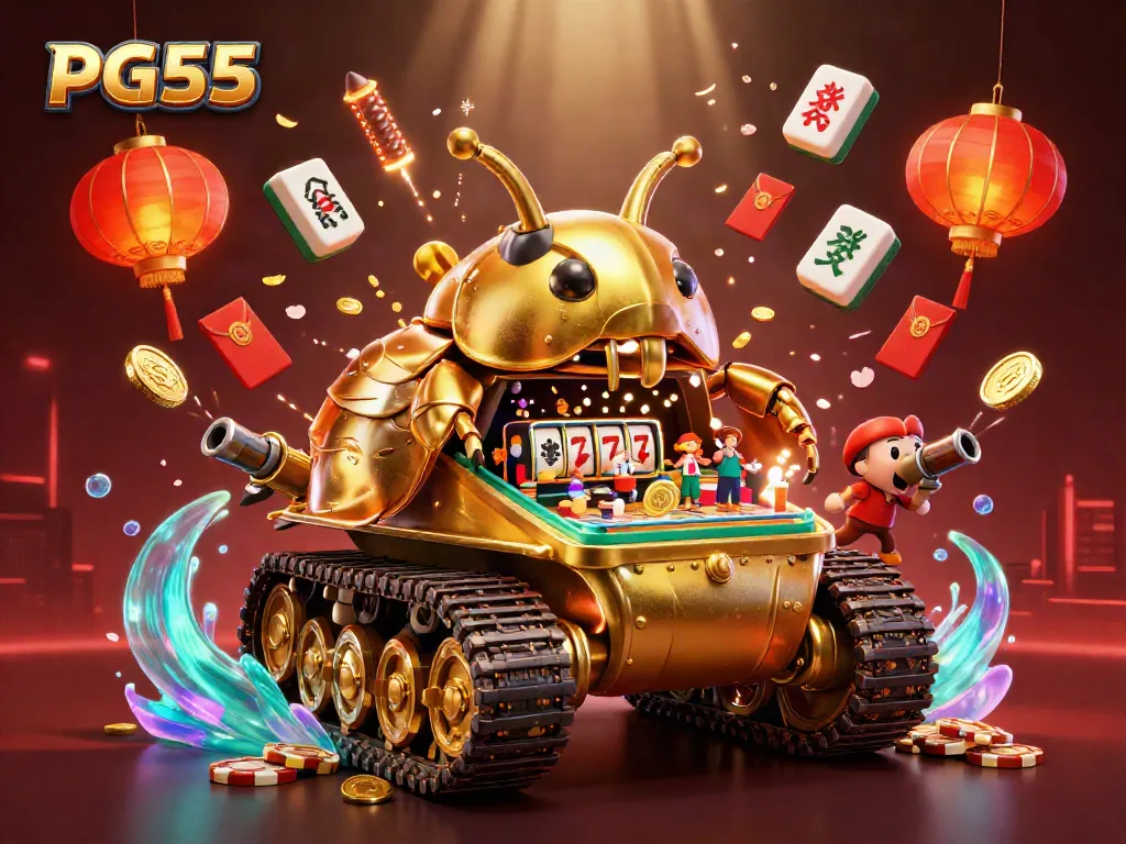 Engage with PG55’s vibrant casino scene featuring a golden beetle tank and dynamic gameplay elements.