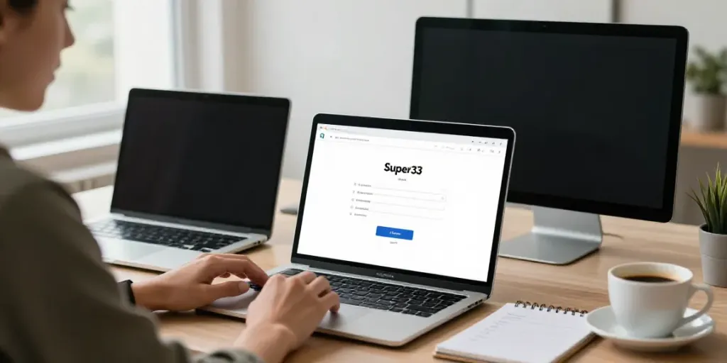 Engaged user accessing Super33 login at modern workspace with tech gadgets.