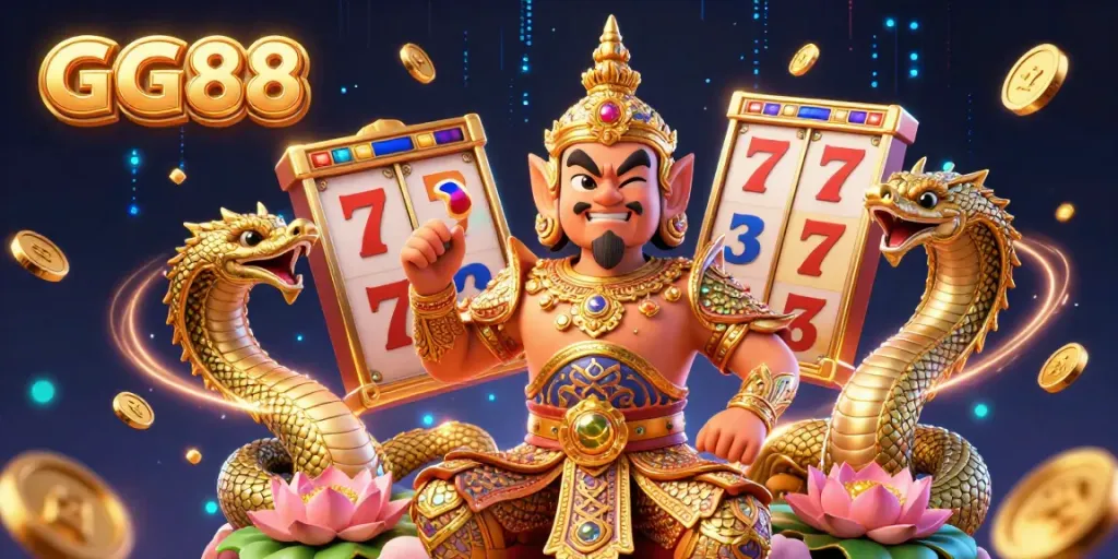 Experience the excitement of GG88 with a vibrant 3D illustration of unique slot games and guardians.