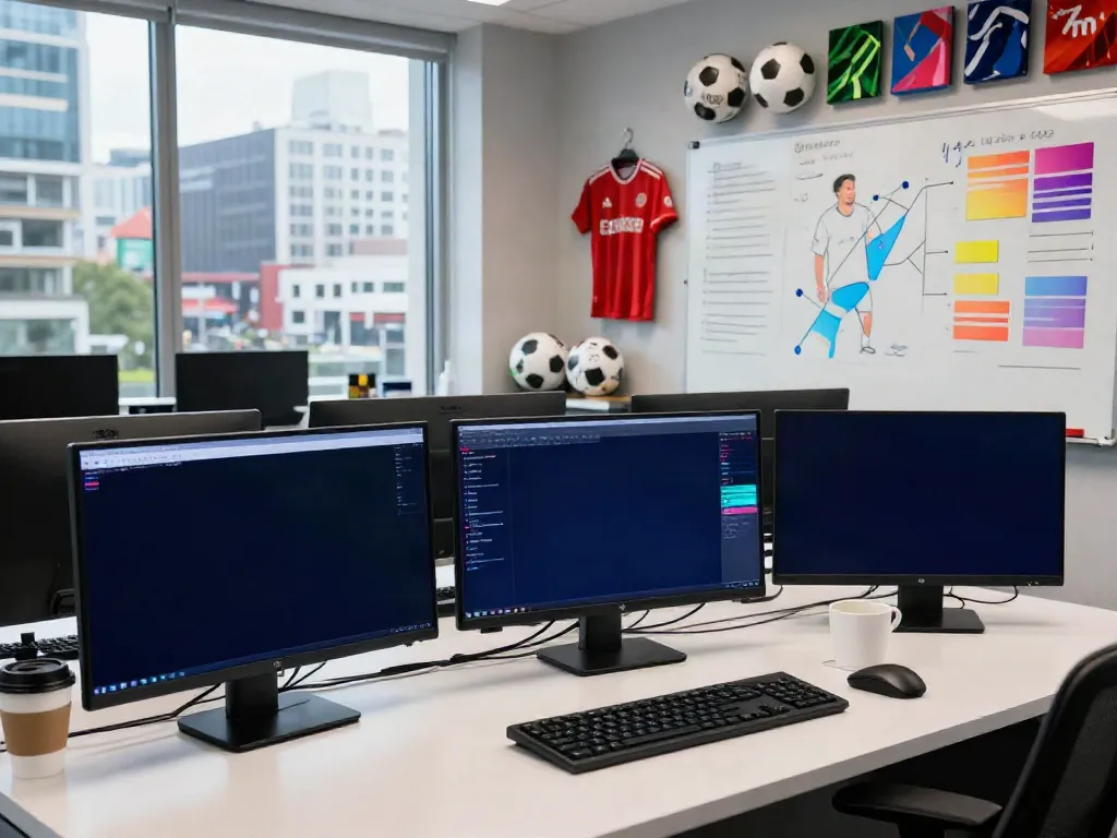 Football transfer news updates with live screens and a busy journalist, focusing on ข่าวตลาดซื้อขายนักเตะ