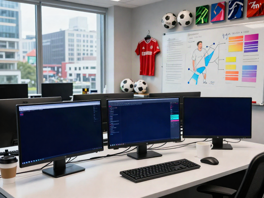 Football transfer news updates with live screens and a busy journalist, focusing on ข่าวตลาดซื้อขายนักเตะ