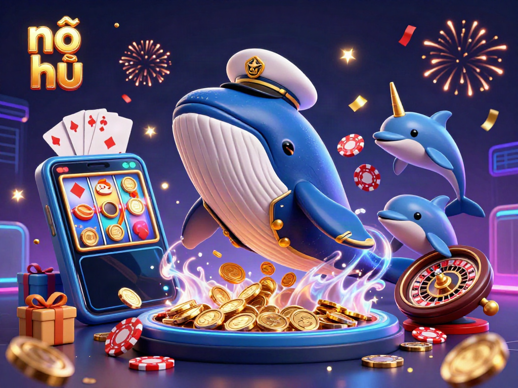 Engage in nổ hũ excitement with whales, dolphins, and slot games in a dynamic 3D illustration.