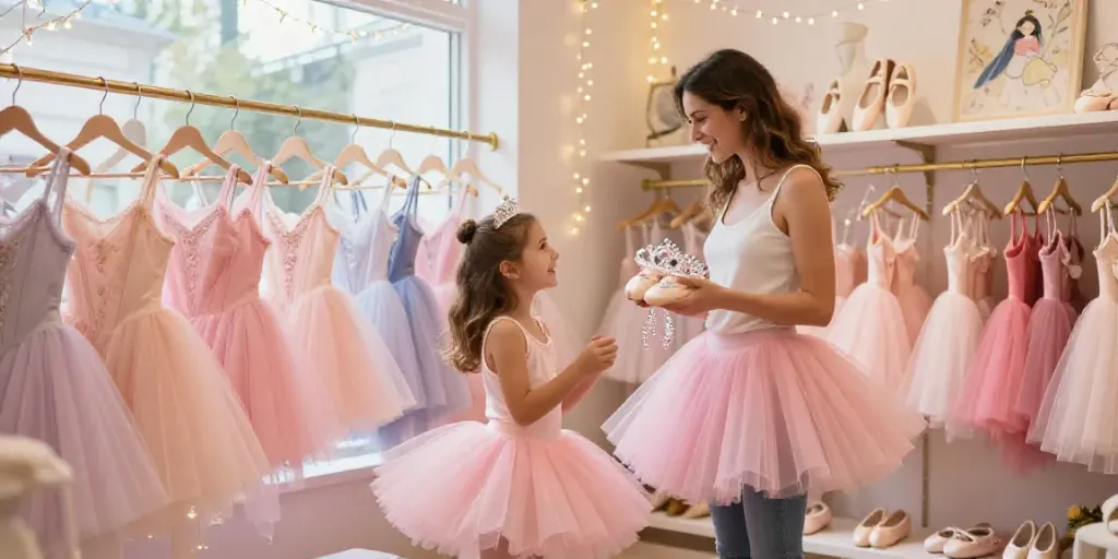 Vibrant tutu store displaying colorful tutus, accessories, and joyful customer interactions.