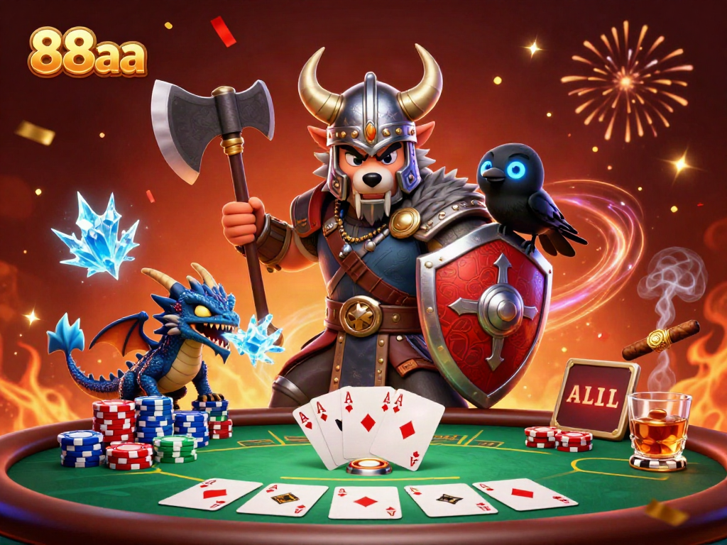 Engage with 88aa's thrilling poker scene featuring a Viking wolf warrior and dragon.