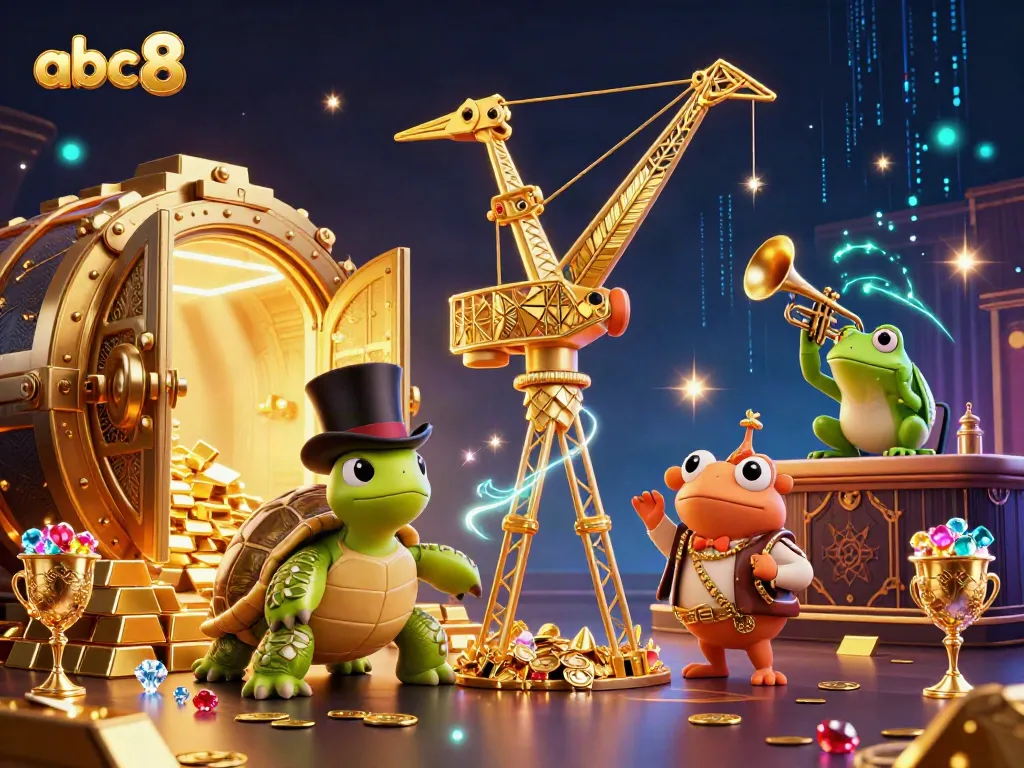 Engaging scene of abc8’s dynamic casino experience featuring colorful 3D characters and gold treasures.