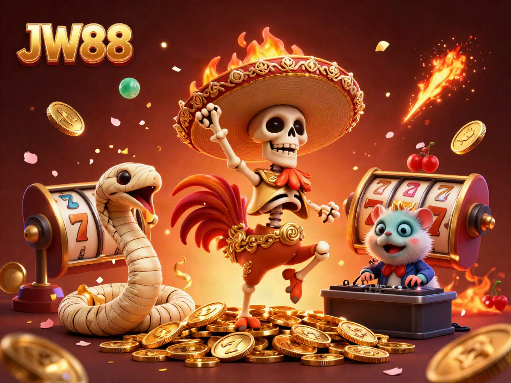 JW88 mascot characters celebrate with gold coins in a vibrant casino-themed scene filled with festive elements.