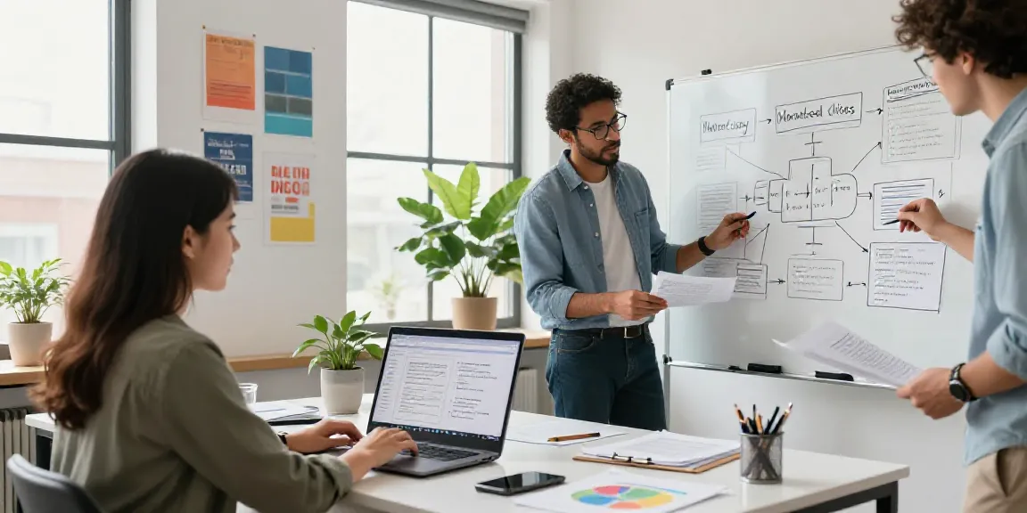 Marketing team collaborating on how to write marketing copy with AI in a modern workspace.