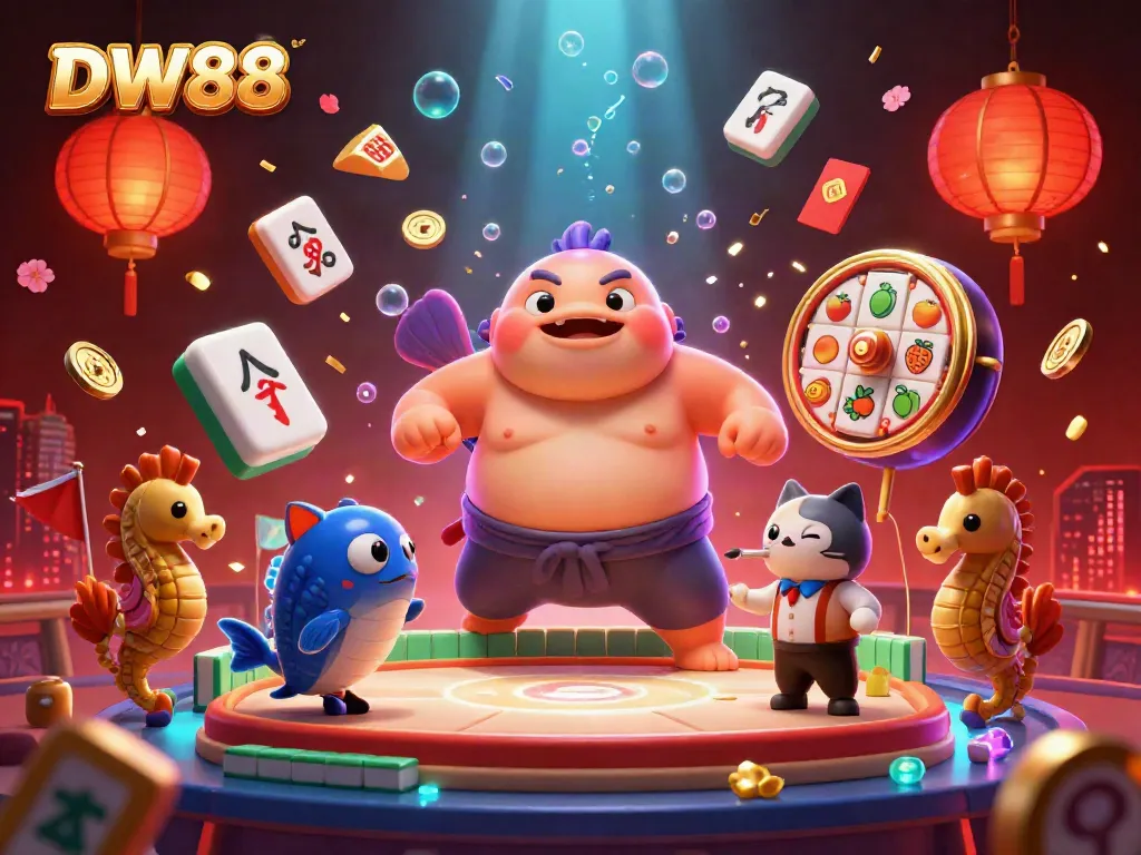 Immerse in the vibrant world of DW88 with 3D game icons, a puffed fugu in a sumo belt, and a lively underwater scene.