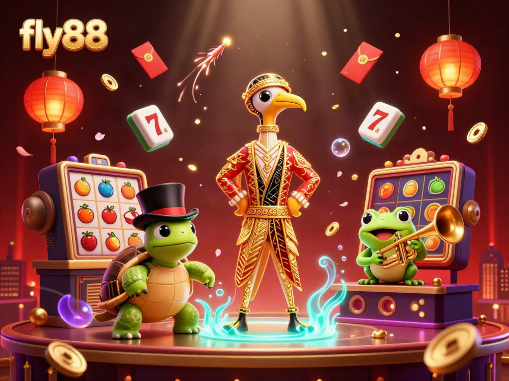 Engage with fly88's thrilling slots experience featuring dynamic characters and vibrant casino elements.