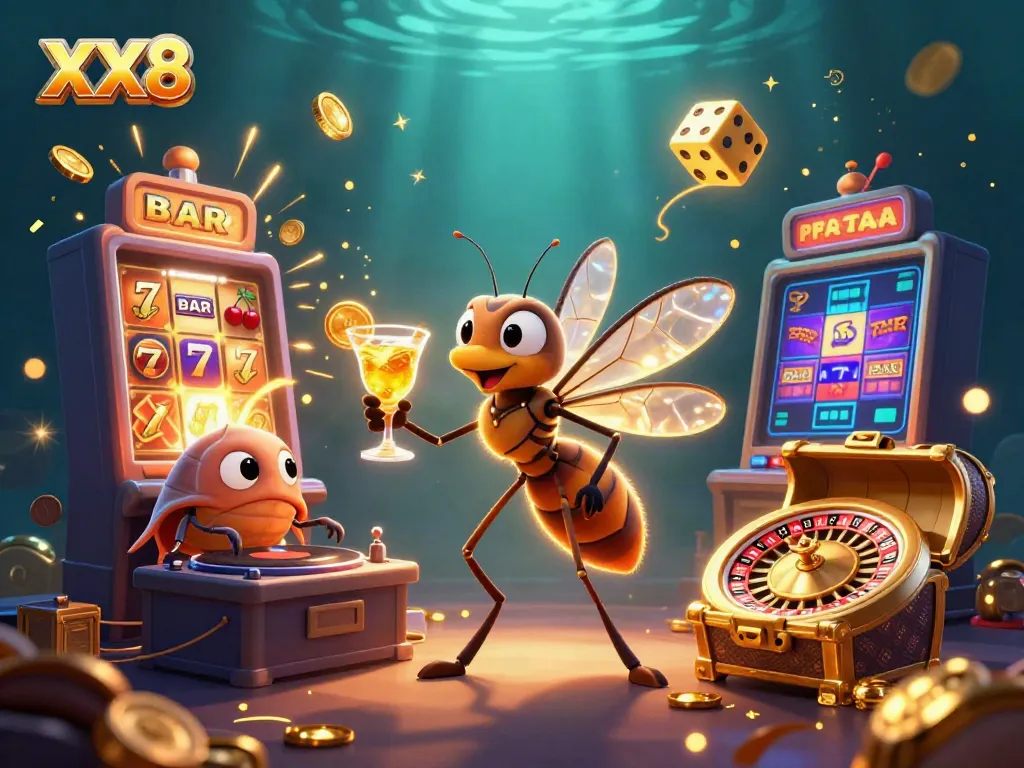 Experience the lively XX8 casino scene with unique characters and vibrant gaming elements.