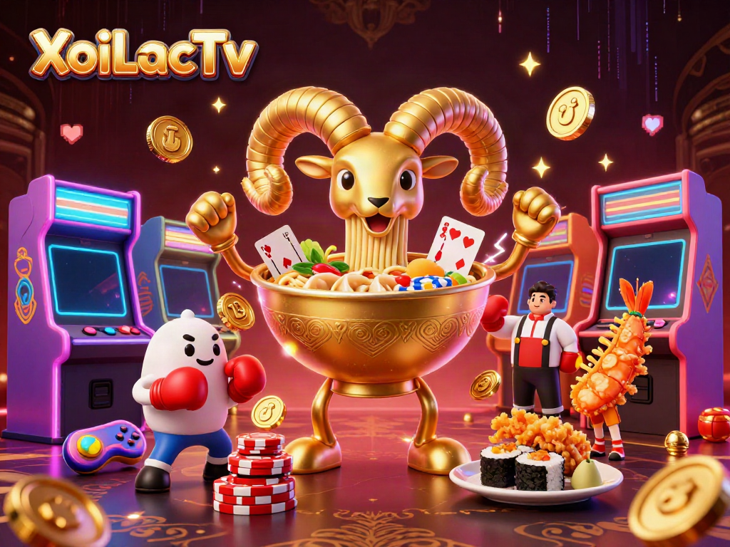 XoiLacTv showcases a vibrant 3D casino scene with colorful characters and gaming elements.
