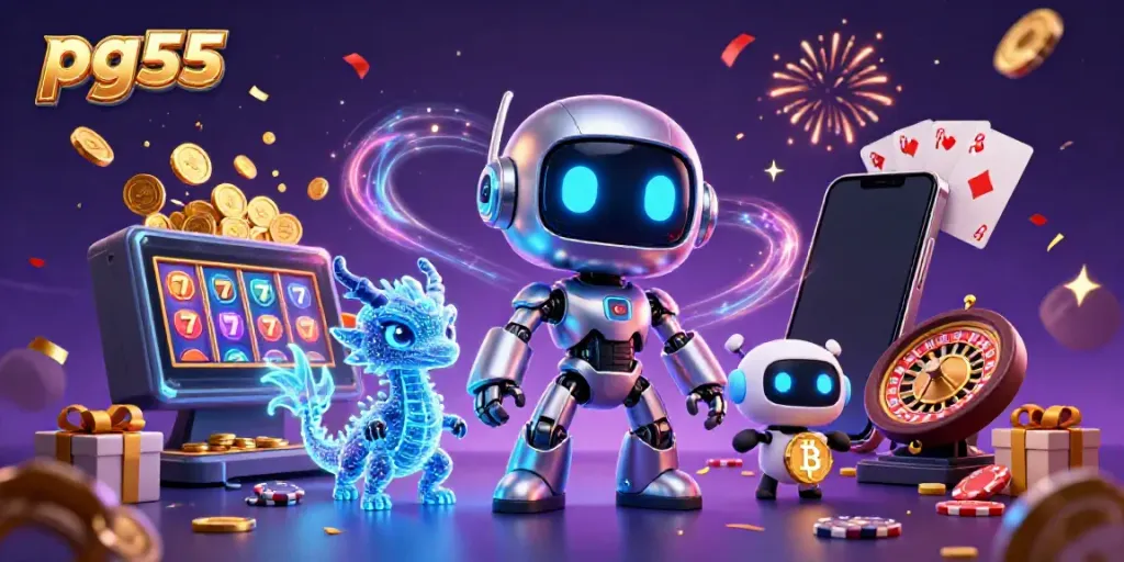 Experience gaming excitement at pg55 with a futuristic robot, AI dragon, and bitcoin drone.