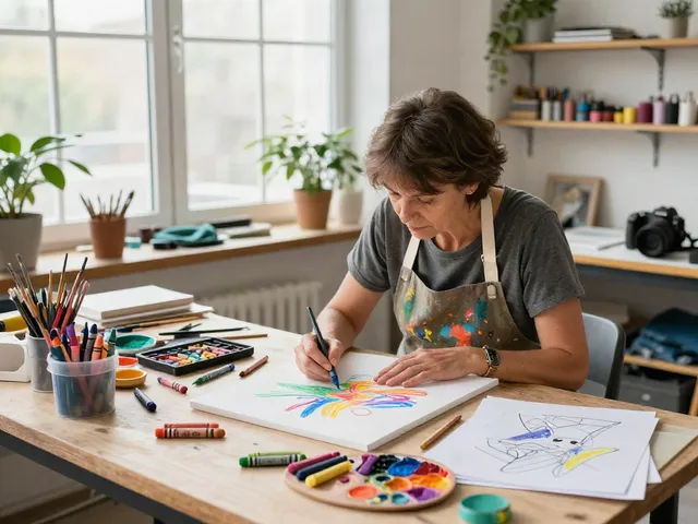 Artist using various crayon types in vibrant art studio, showcasing crayon manufacturer creativity.