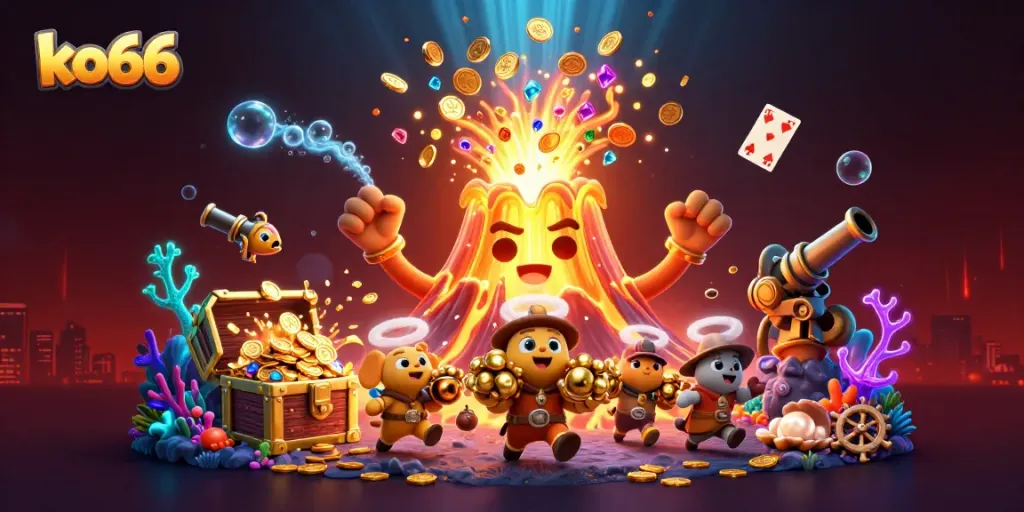 Win big with ko66 in this vibrant, action-packed 3D casino adventure illustration!
