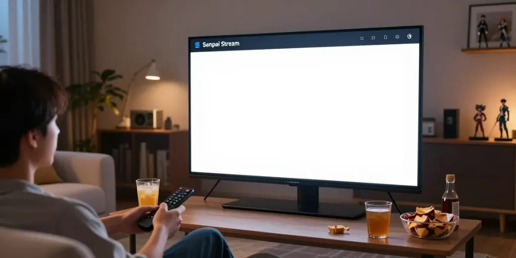 Application Senpai Stream sur grand écran dans un salon confortable, ambiance chaleureuse, soirée cinéma.