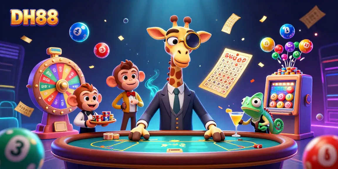 Experience the excitement of DH88 with colorful lottery elements and energetic characters in a vibrant casino scene.
