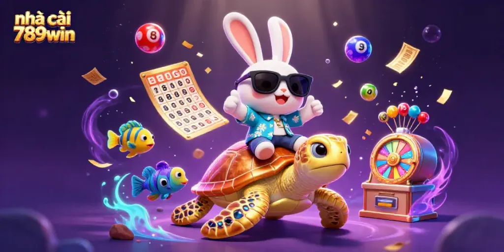 Engaging 3D scene featuring nhà cái 789win with a lucky rabbit and sea turtle surrounded by bouncing lottery balls.