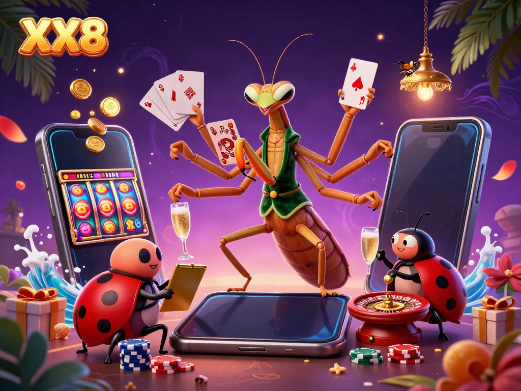 Engaging casino scene showcasing XX8 brand with a giant mantis card sharp and ladybug pit boss amidst vibrant games.