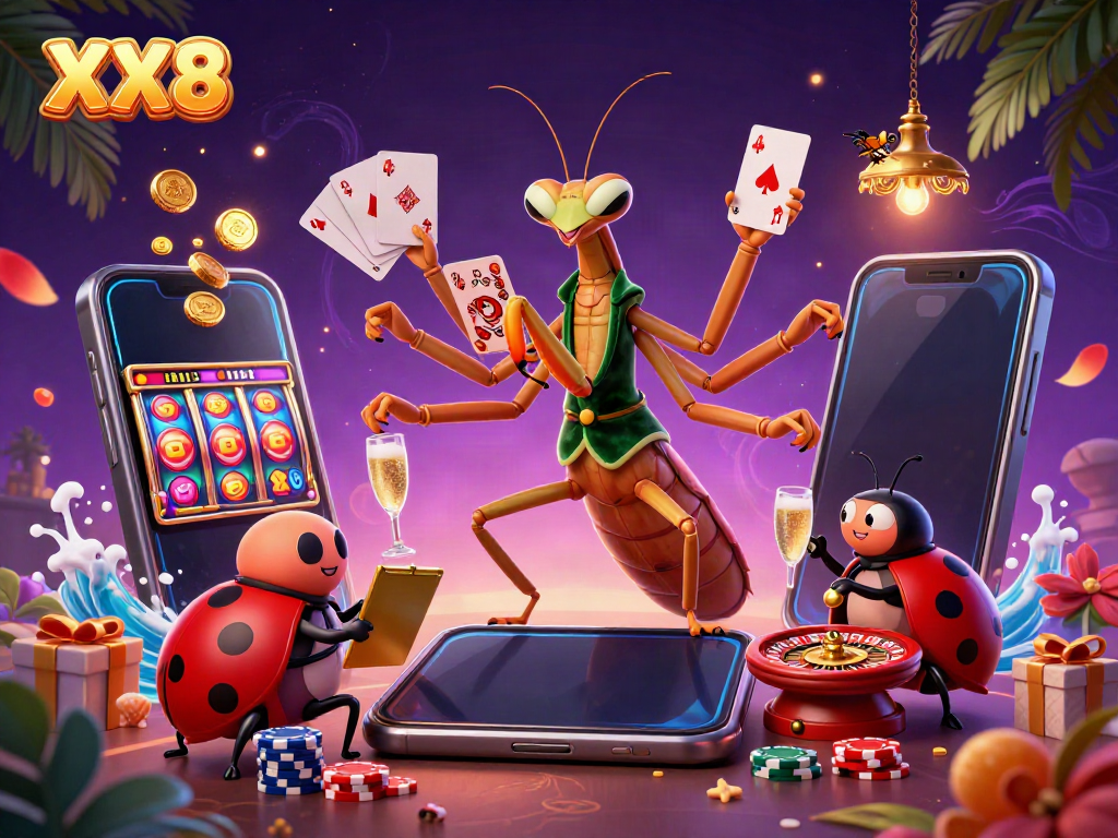 Engaging casino scene showcasing XX8 brand with a giant mantis card sharp and ladybug pit boss amidst vibrant games.