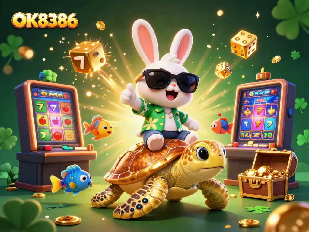 Experience thrilling games at OK8386 with the lucky rabbit and golden turtle amidst a festive casino scene.