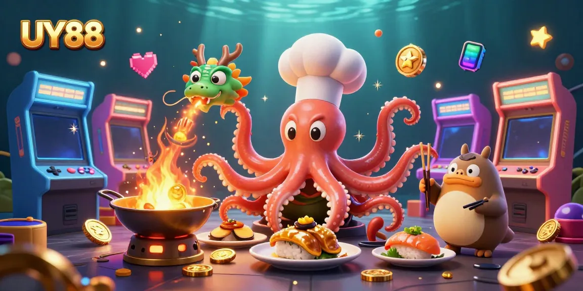 Experience the vibrant action at UY88 with a colorful 3D casino scene filled with games.