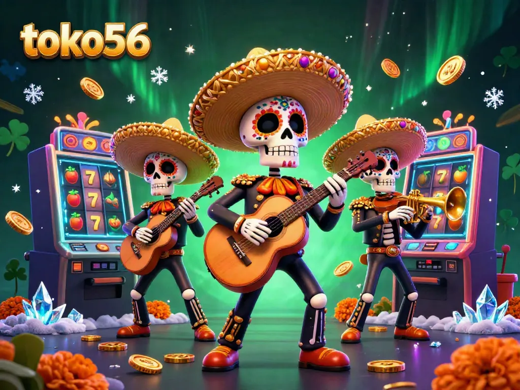 Permainan slot menarik di toko56 ditampilkan bersama band mariachi bertema Dia de los Muertos.