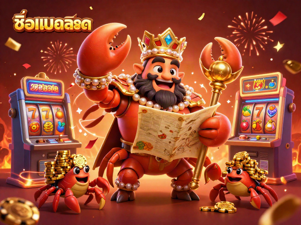 Experience the excitement of ชื่อเกมสล็อต with a golden crab emperor and lively slot machines in this vibrant 3D illustration.
