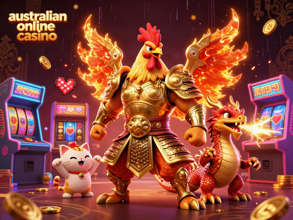 Action-packed scene showcasing an australian online casino with a rooster warrior and dragon amidst vibrant game elements.