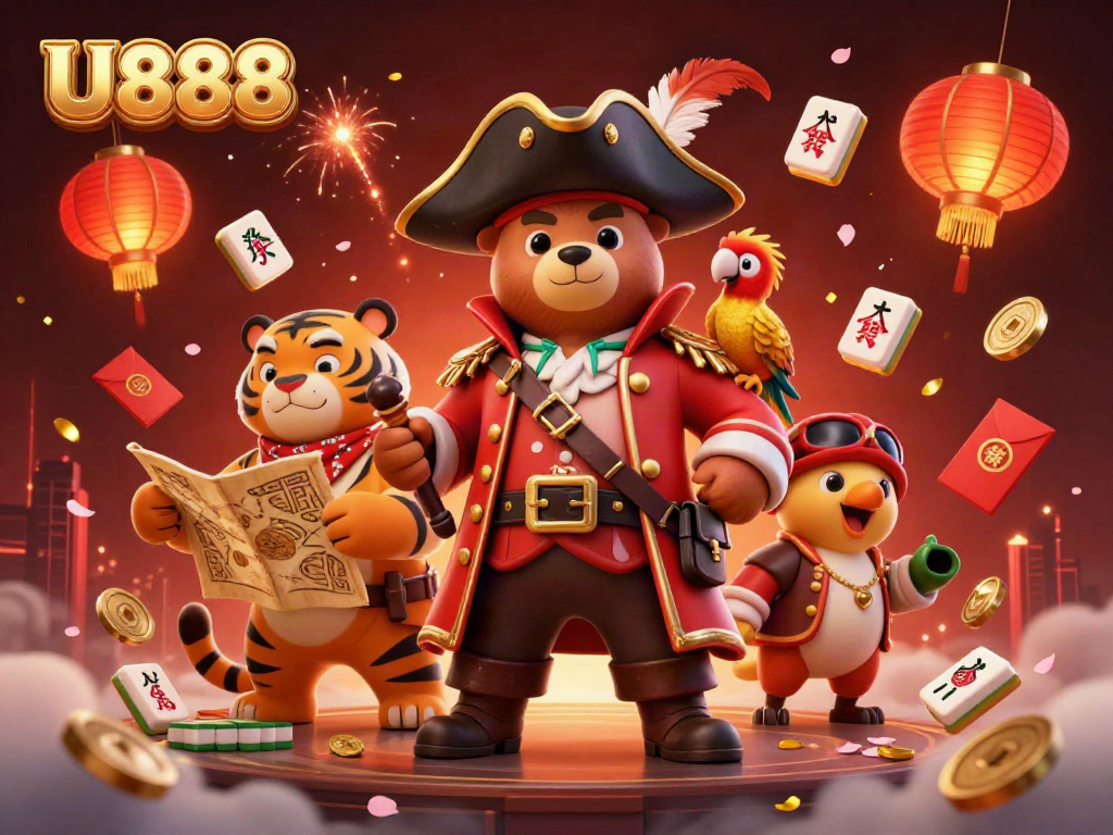 Experience the excitement of U888 with a dynamic 3D scene featuring a pirate bear and friends in a casino-themed adventure.