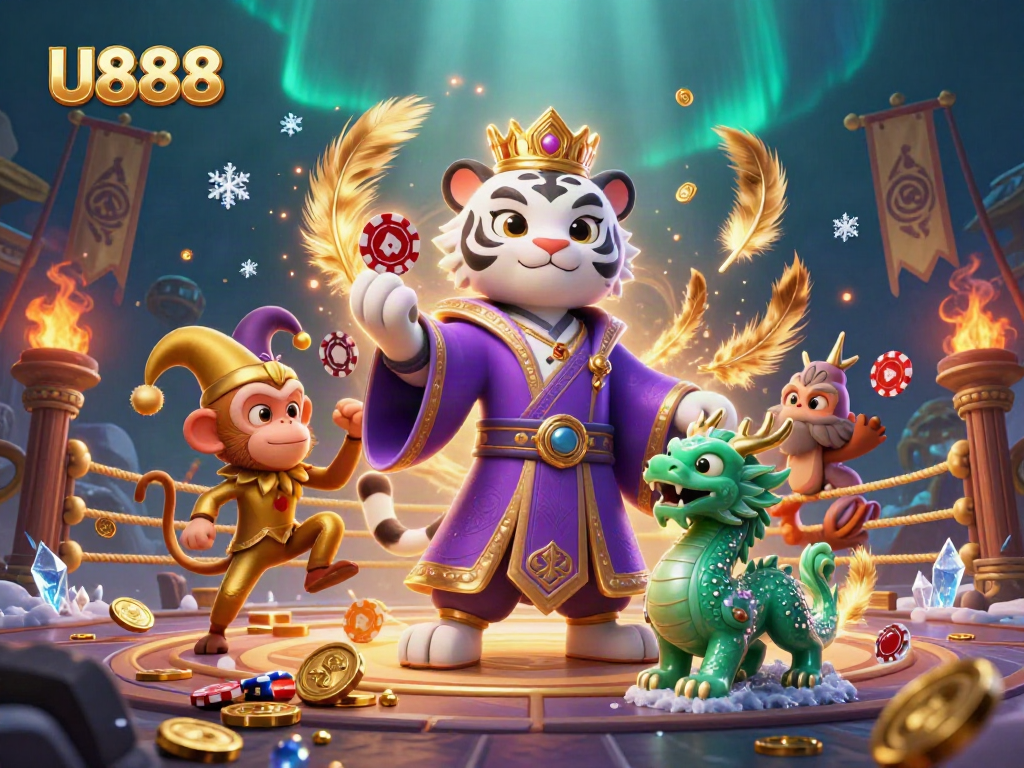 Experience thrilling moments at U888 with animated characters in a vibrant casino scene.
