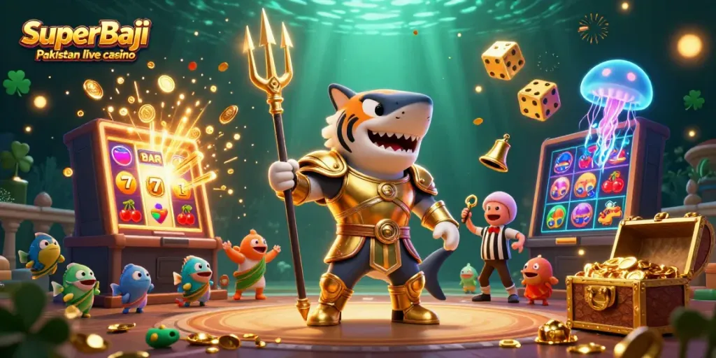 Experience the excitement at SuperBaji Pakistan live casino with a vibrant 3D scene of a tiger shark in gladiator armor amidst a jackpot celebration.