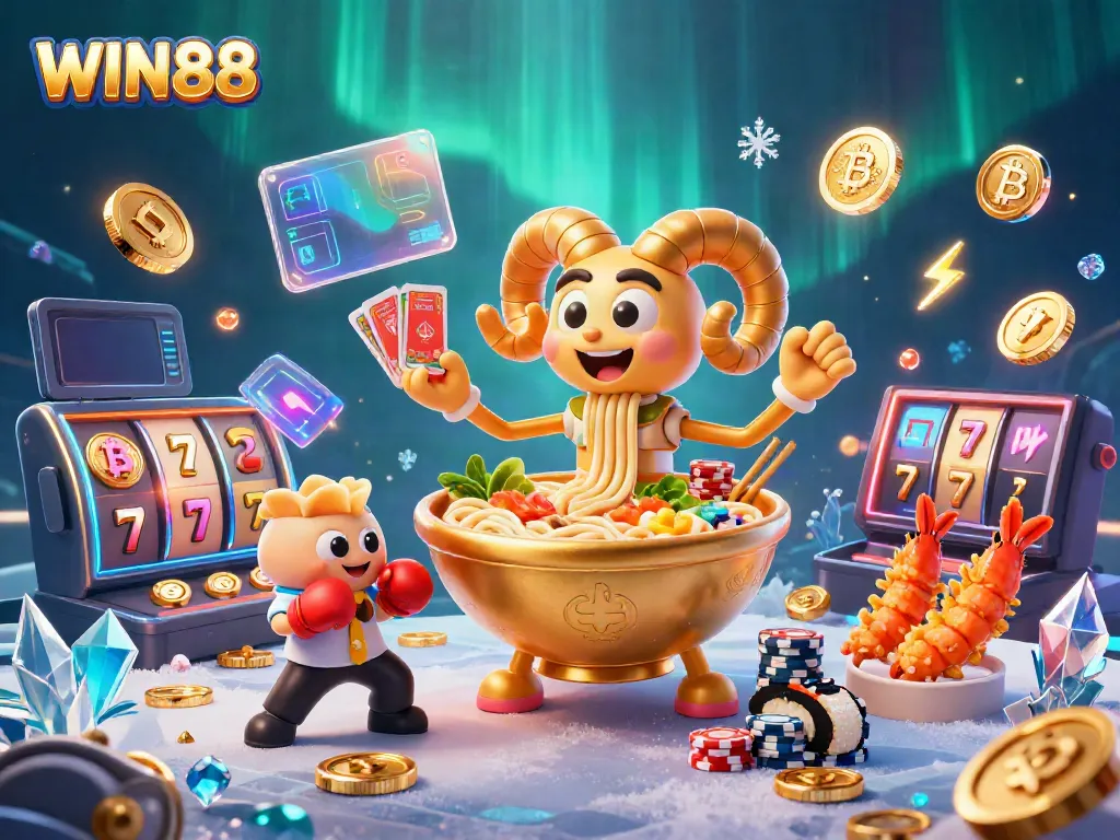 Experience the excitement of WIN88 with a fun casino-themed 3D illustration showcasing characters and slot elements.
