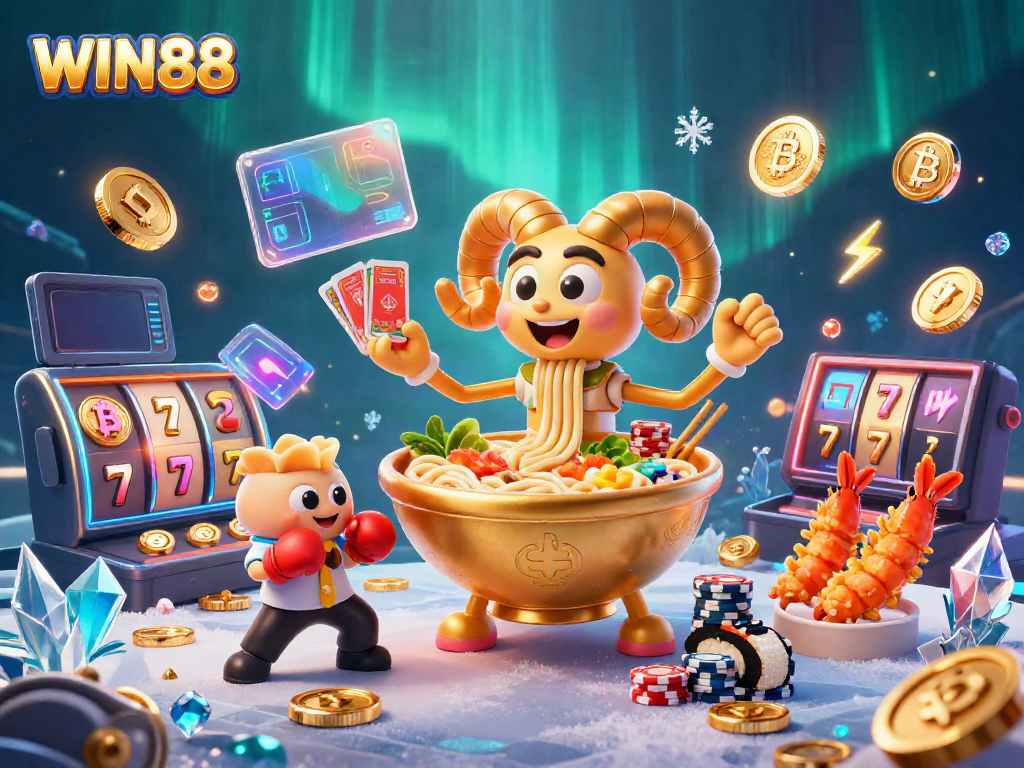 Experience the excitement of WIN88 with a fun casino-themed 3D illustration showcasing characters and slot elements.