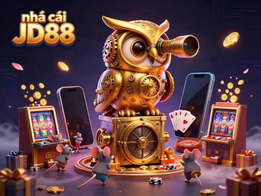 Engage with nhà cái JD88 through an exciting 3D illustration of a whimsical casino scene filled with characters and vibrant game elements.