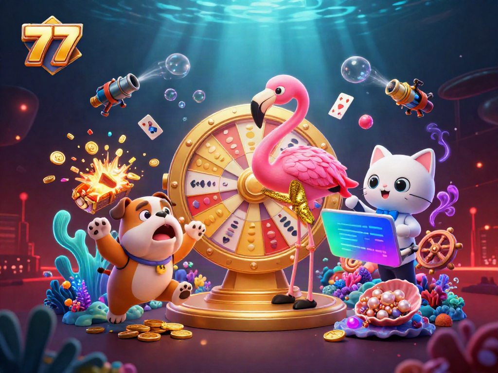 Experience the thrill of casino gaming with 77, featuring a dynamic scene of a flamingo host, excited bulldog contestant, and gambling elements.
