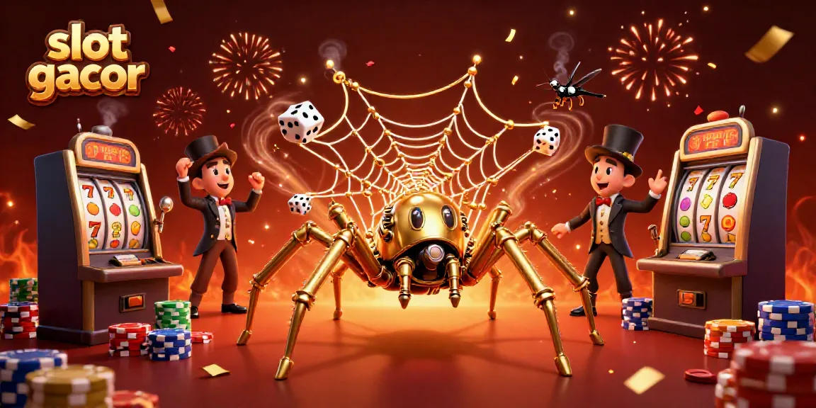 Experience excitement with slot gacor as a golden spider catches dice in a rich casino-themed illustration.