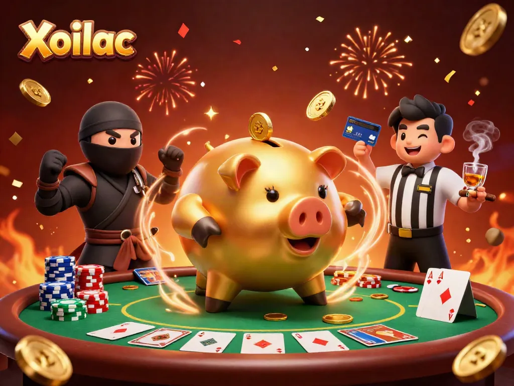Xoilac enhances betting excitement with a dynamic 3D scene featuring a sumo wrestler and ninja in a lively casino.