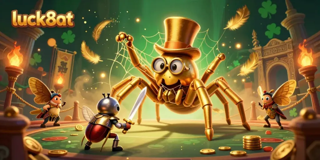 Engage with luck8at's vibrant casino world featuring a golden spider weaving luck.
