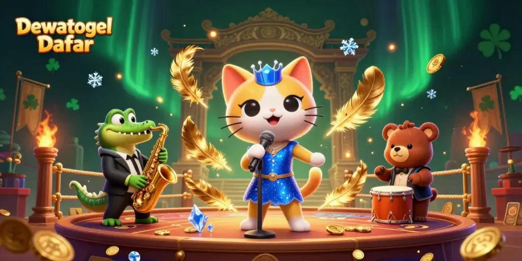Watch the energetic Dewatogel Daftar scene with animated characters performing in a vibrant casino setting.