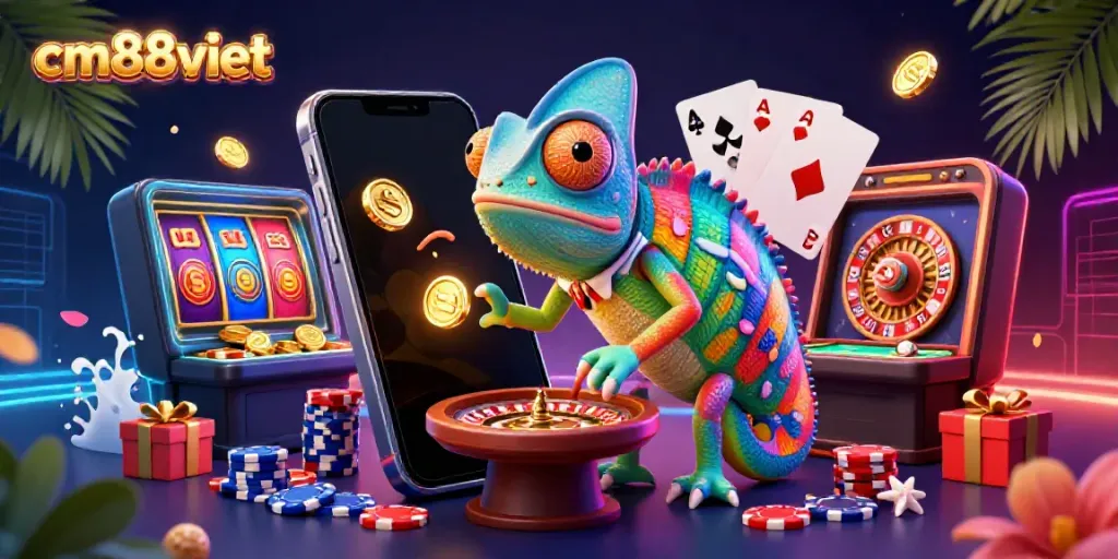 Experience vibrant gaming with cm88viet's chameleon casino owner amidst slots and roulette excitement.