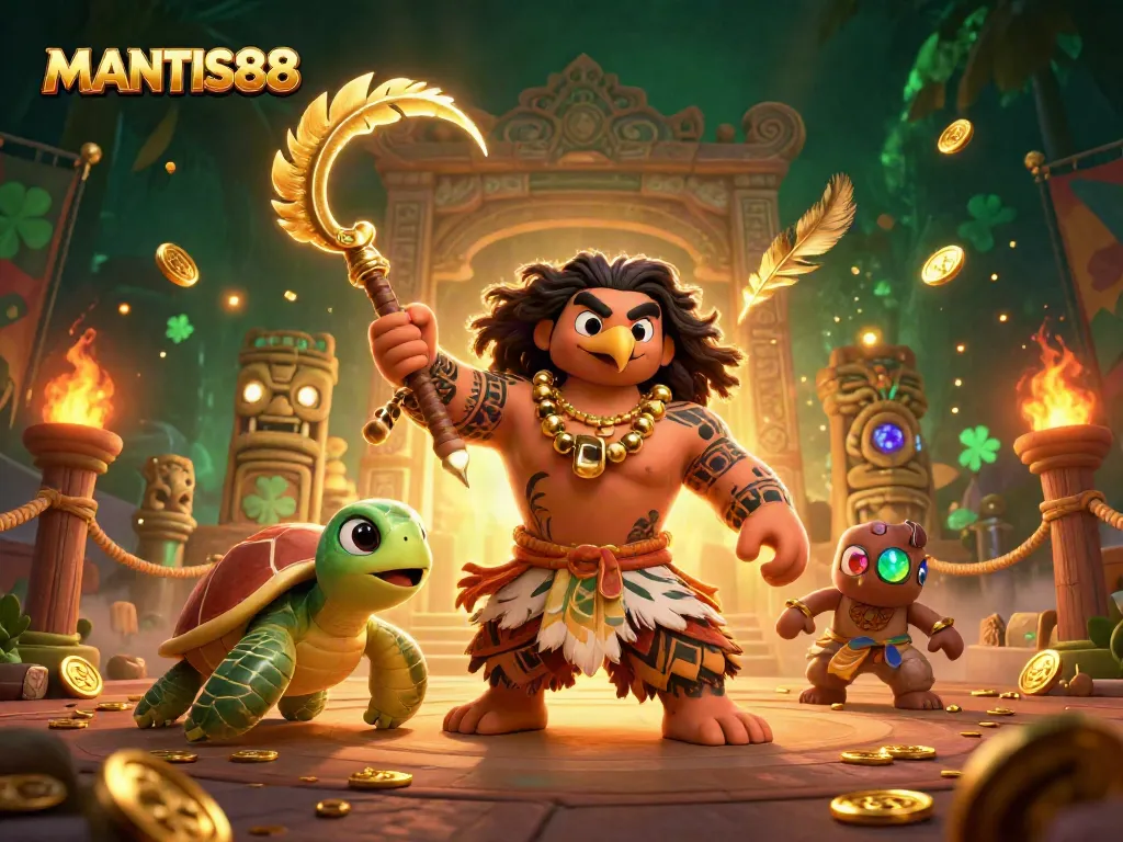 Experience thrilling action with MANTIS88, featuring a demigod hawk and vibrant casino game elements.