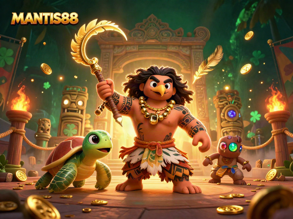 Experience thrilling action with MANTIS88, featuring a demigod hawk and vibrant casino game elements.