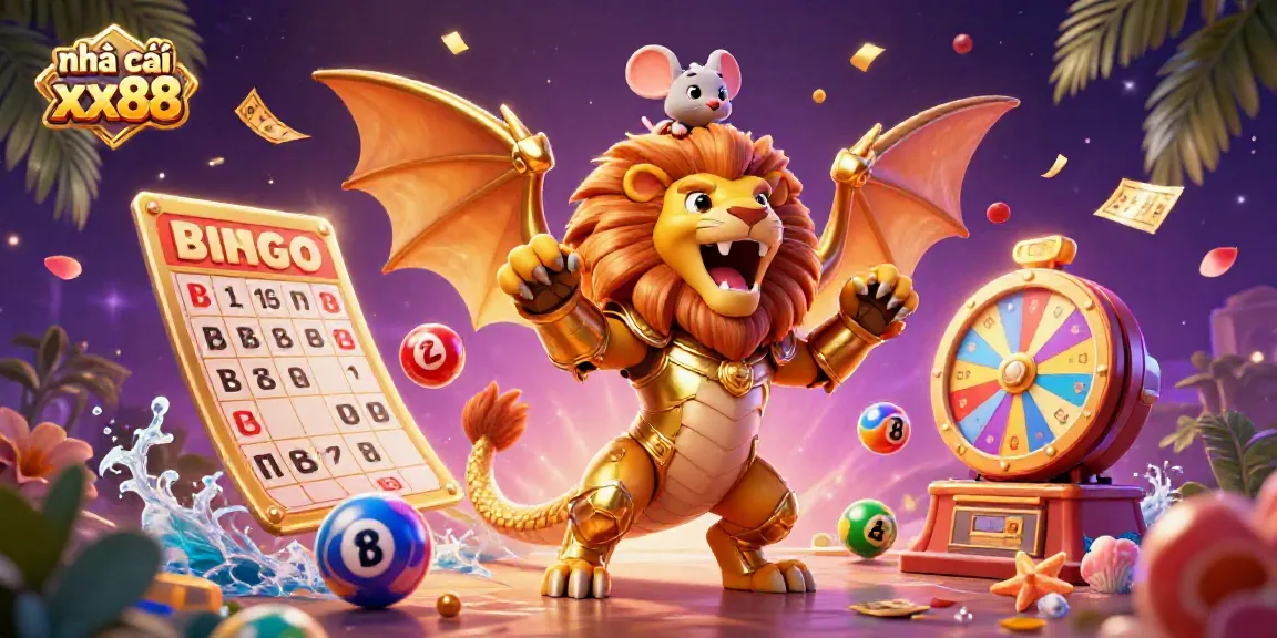 Engaging illustration showcasing nhà cái xx88 with vibrant lottery elements and a colorful chimera creature in action.