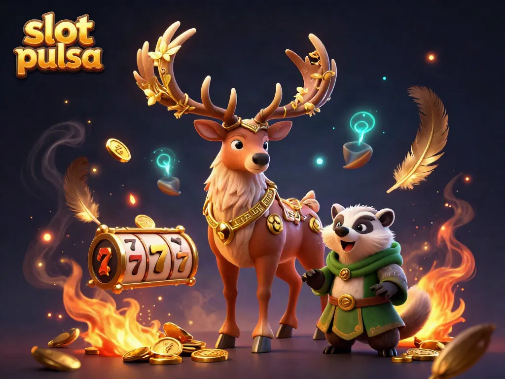 Slot pulsa menghadirkan suasana permainan menarik dengan simbol slot dan karakter kartun di latar belakang.