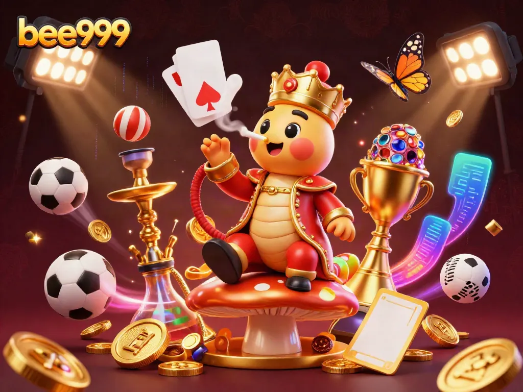 Engage with the thrilling world of bee999 as a hookah-master caterpillar presides over a casino scene filled with sports action.