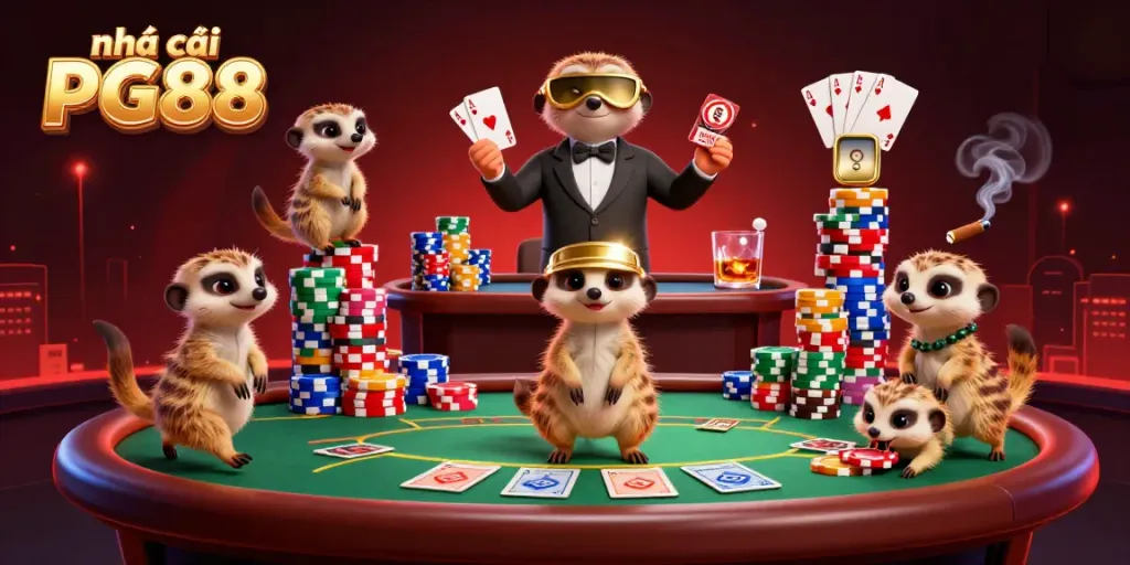 Experience the excitement of nhà cái PG88 with animated meerkats managing a vibrant casino scene.