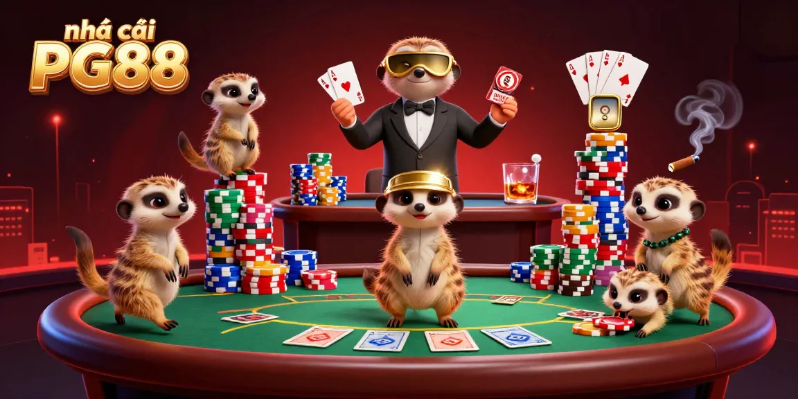 Experience the excitement of nhà cái PG88 with animated meerkats managing a vibrant casino scene.