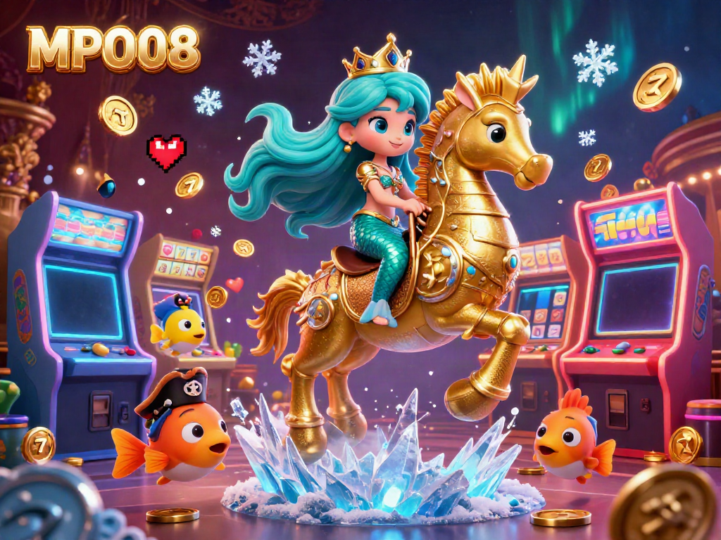 Engage in thrilling casino games with MPO08, featuring a mermaid and gold-armored seahorse amidst vibrant gaming elements.