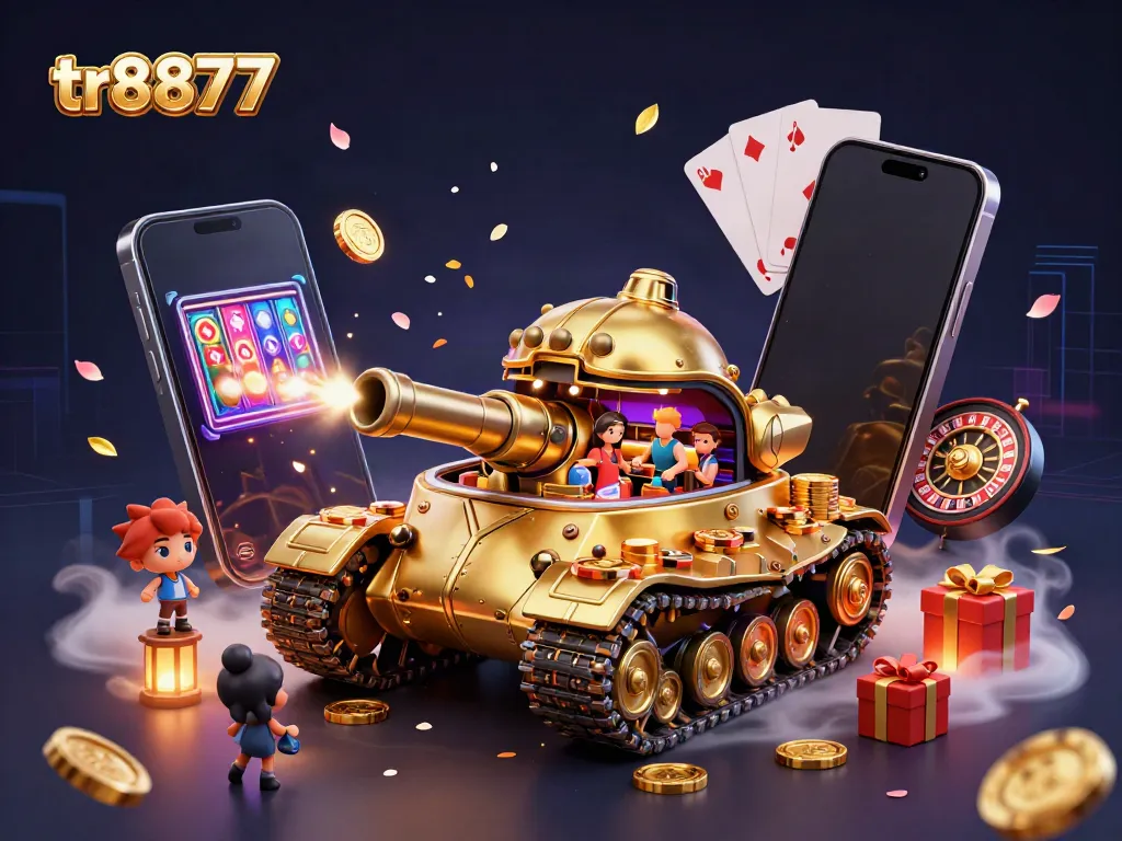 Experience thrilling casino action featuring the unique tr8877 beetle tank casino with coins and games bursting around.