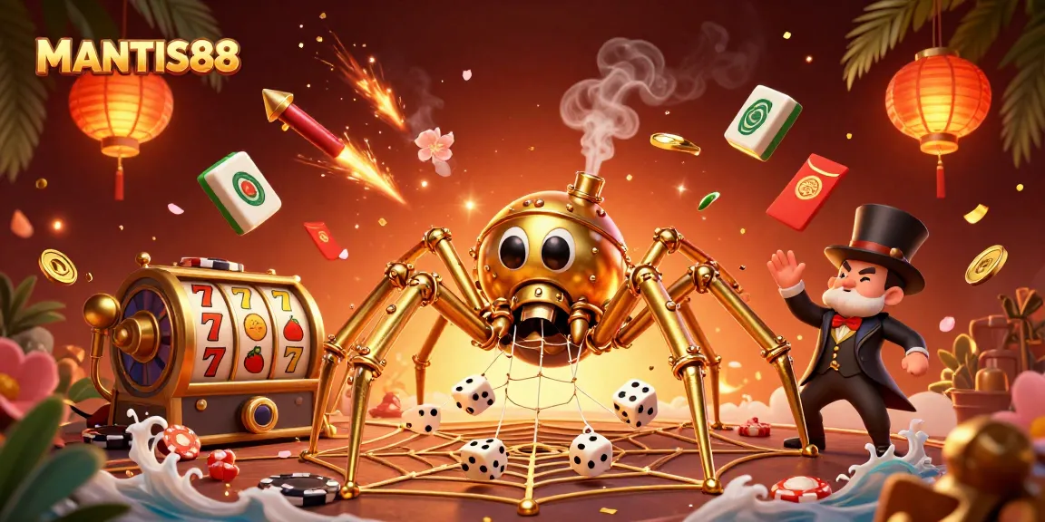 MANTIS88 showcases a vibrant 3D casino scene with a steampunk spider and disco-themed elements.